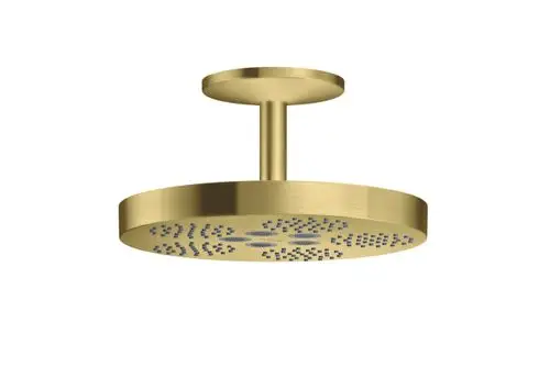 Kopfbrause in Brushed Brass-Finish von AXOR, rund mit Deckenanschluss, flache Bauweise und gleichmäßiger Wasserverteilung, geeignet für moderne Badezimmer.